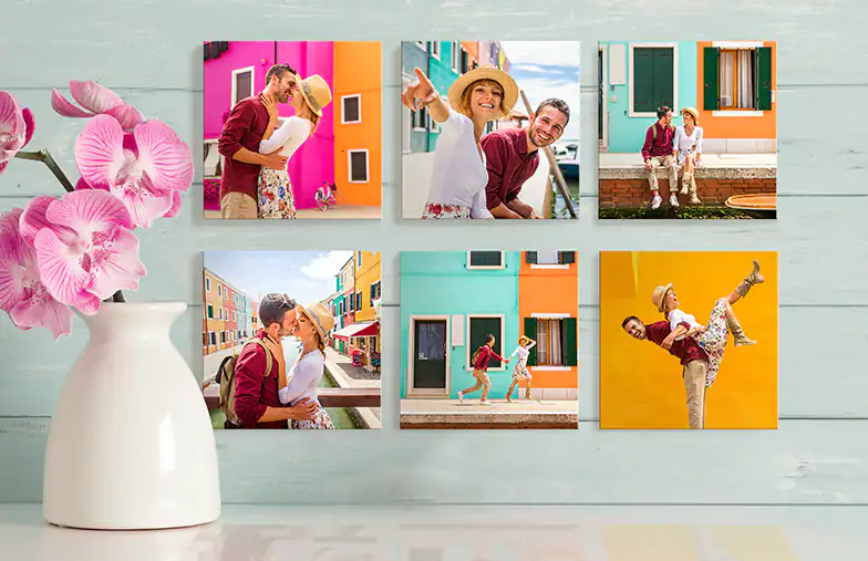 Persoonlijke foto's op canvas: kleurrijke Italiaanse taferelen met verliefde stellen, jouw herinneringen perfect vastgelegd!