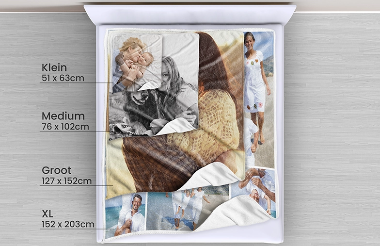 Gehaakte deken met gepersonaliseerde fotocollage: warme familiemomenten vereeuwigd in diverse maten.