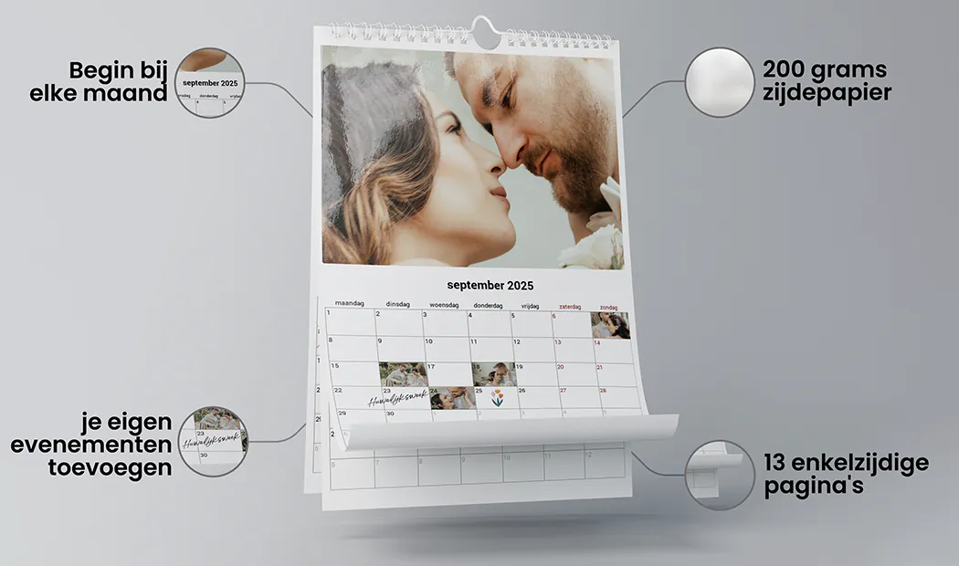 Gepersonaliseerde wandkalender met foto, 200 grams zijdepapier en ruimte voor eigen events.