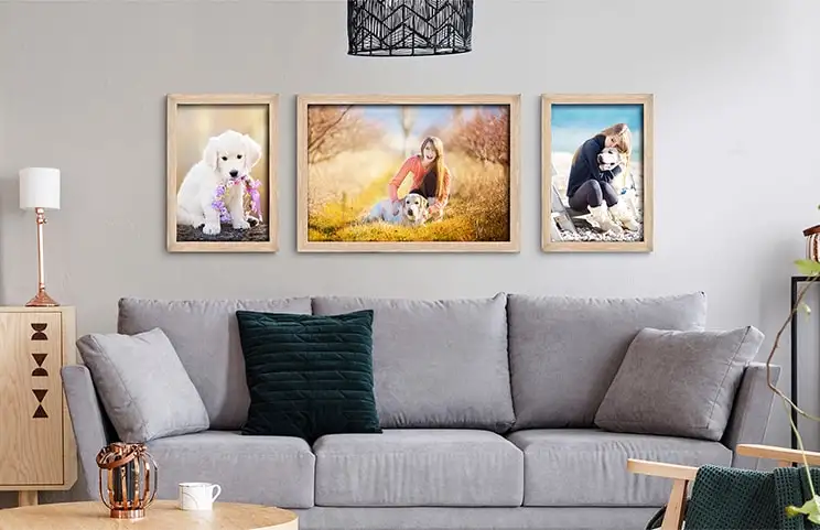 Drie gepersonaliseerde foto's van honden en hun eigenaren in houten lijsten, sieren een grijze bank.